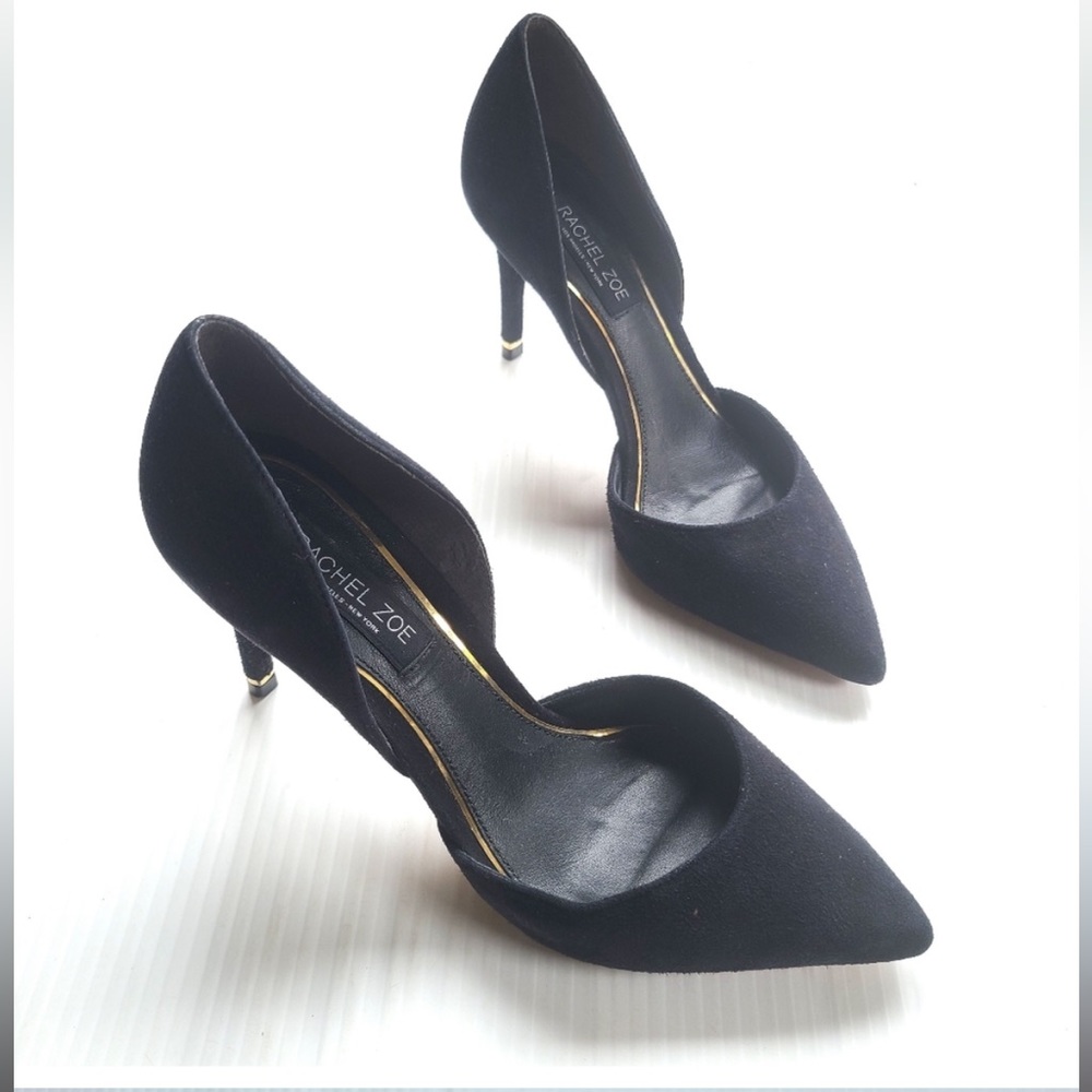 RACHEL ZOE D'orsay black suede gold tipped heels size 5.5